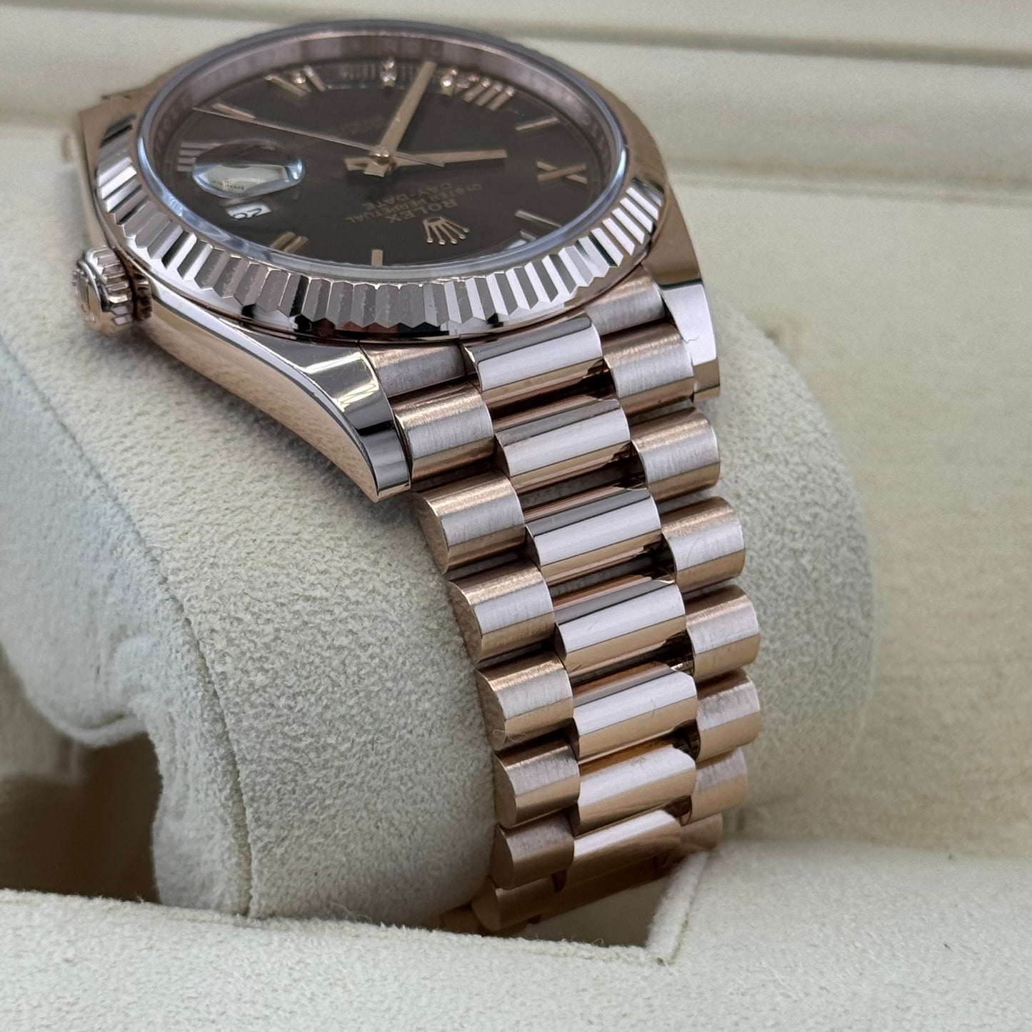 Rolex Day Date 40 Rose Gold Chocolate Roman. 2023 Full Set