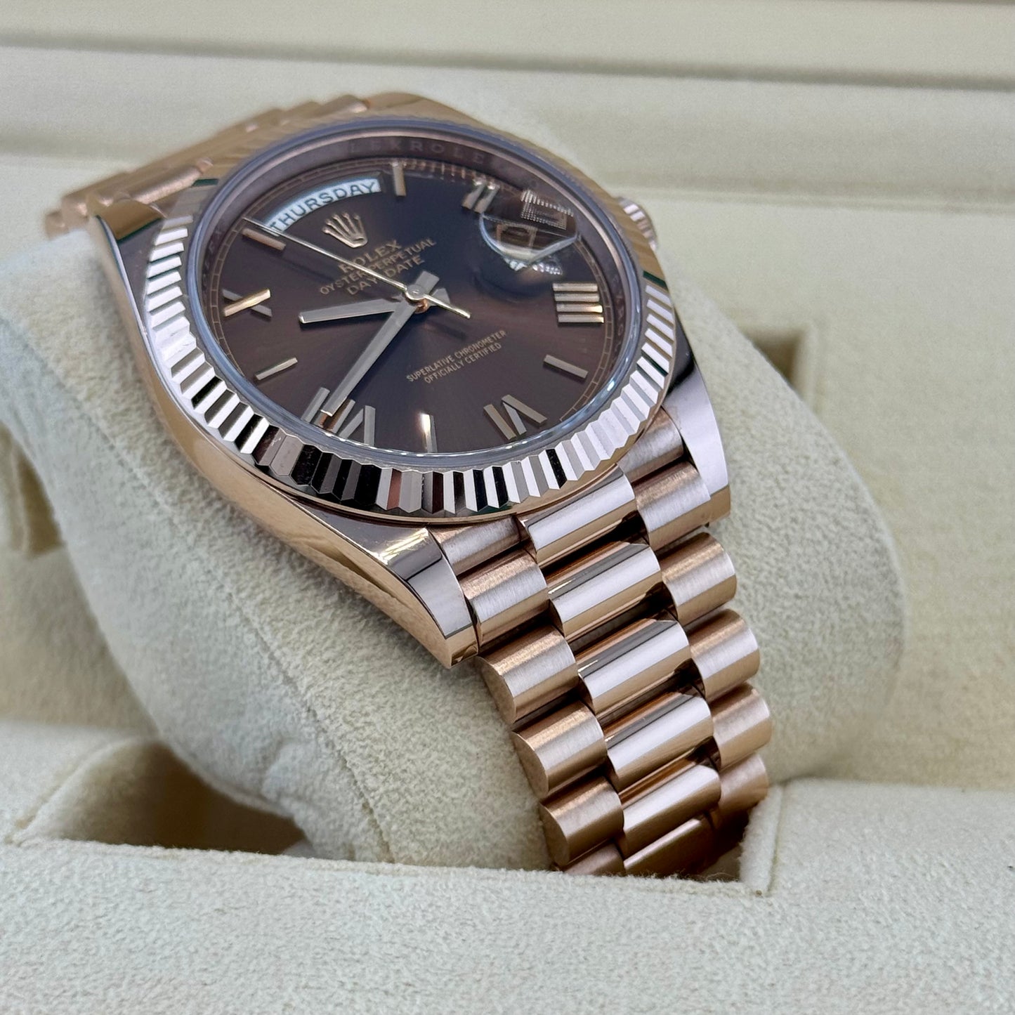 Rolex Day Date 40 Rose Gold Chocolate Roman. 2023 Full Set