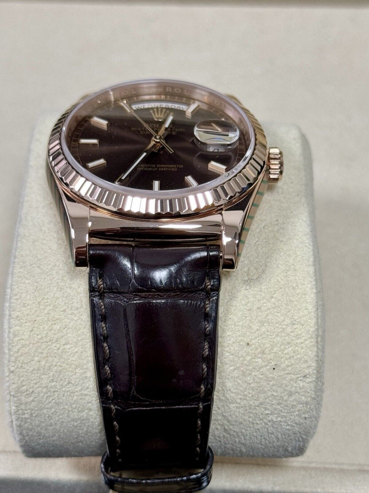 Rolex Day Date 36 Rose Gold Leather Chocolate 118135. 2014 Full Set Serviced