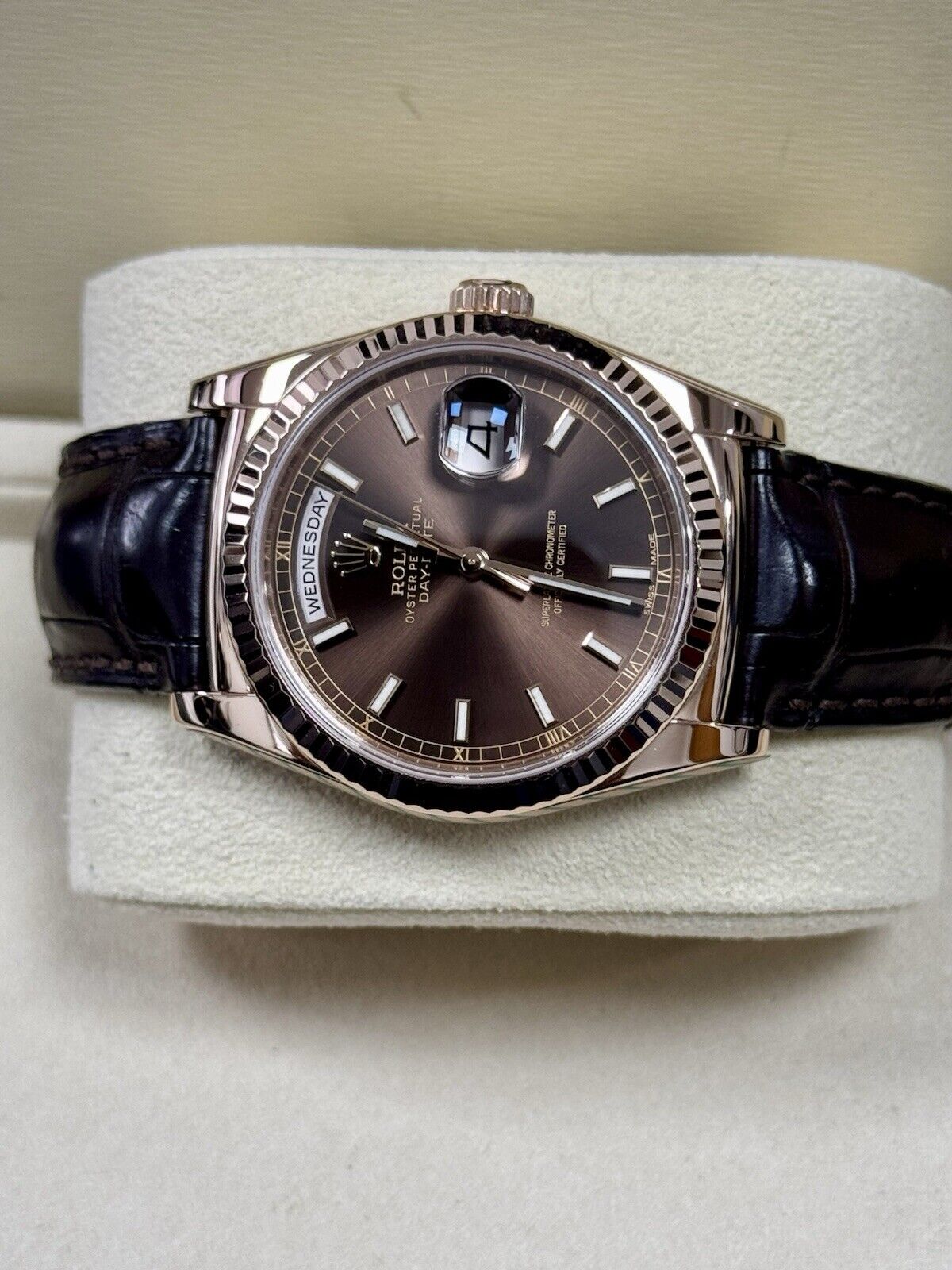 Rolex Day Date 36 Rose Gold Leather Chocolate 118135. 2014 Full Set Serviced