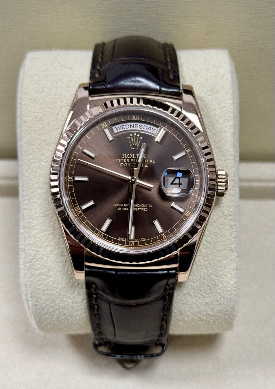 Rolex Day Date 36 Rose Gold Leather Chocolate 118135. 2014 Full Set Serviced