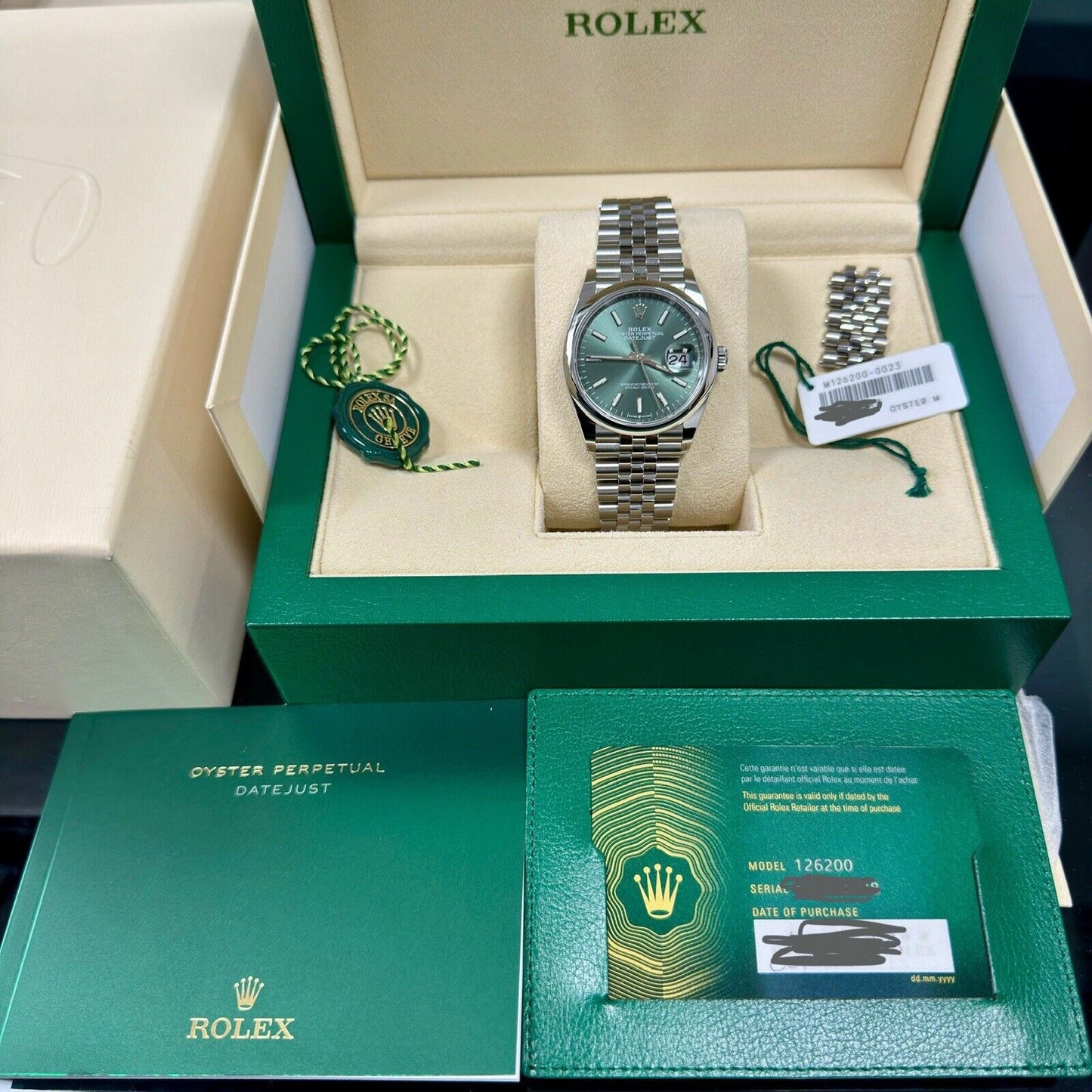 Rolex Datejust 36 Mint Green 126200. Smooth Bezel. 2023 Full Set Box & Papers