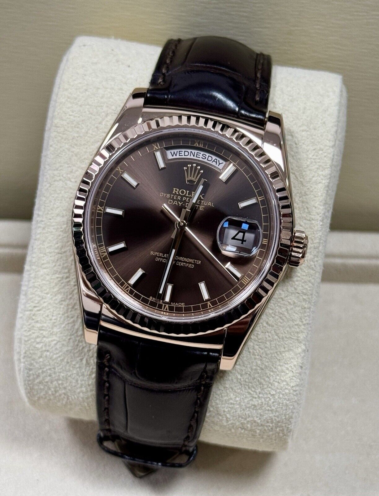 Rolex Day Date 36 Rose Gold Leather Chocolate 118135. 2014 Full Set Serviced