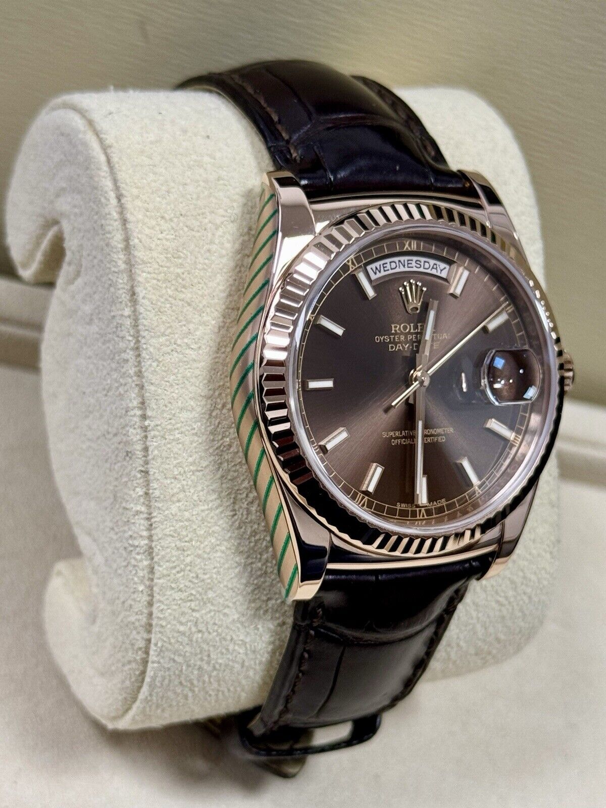 Rolex Day Date 36 Rose Gold Leather Chocolate 118135. 2014 Full Set Serviced