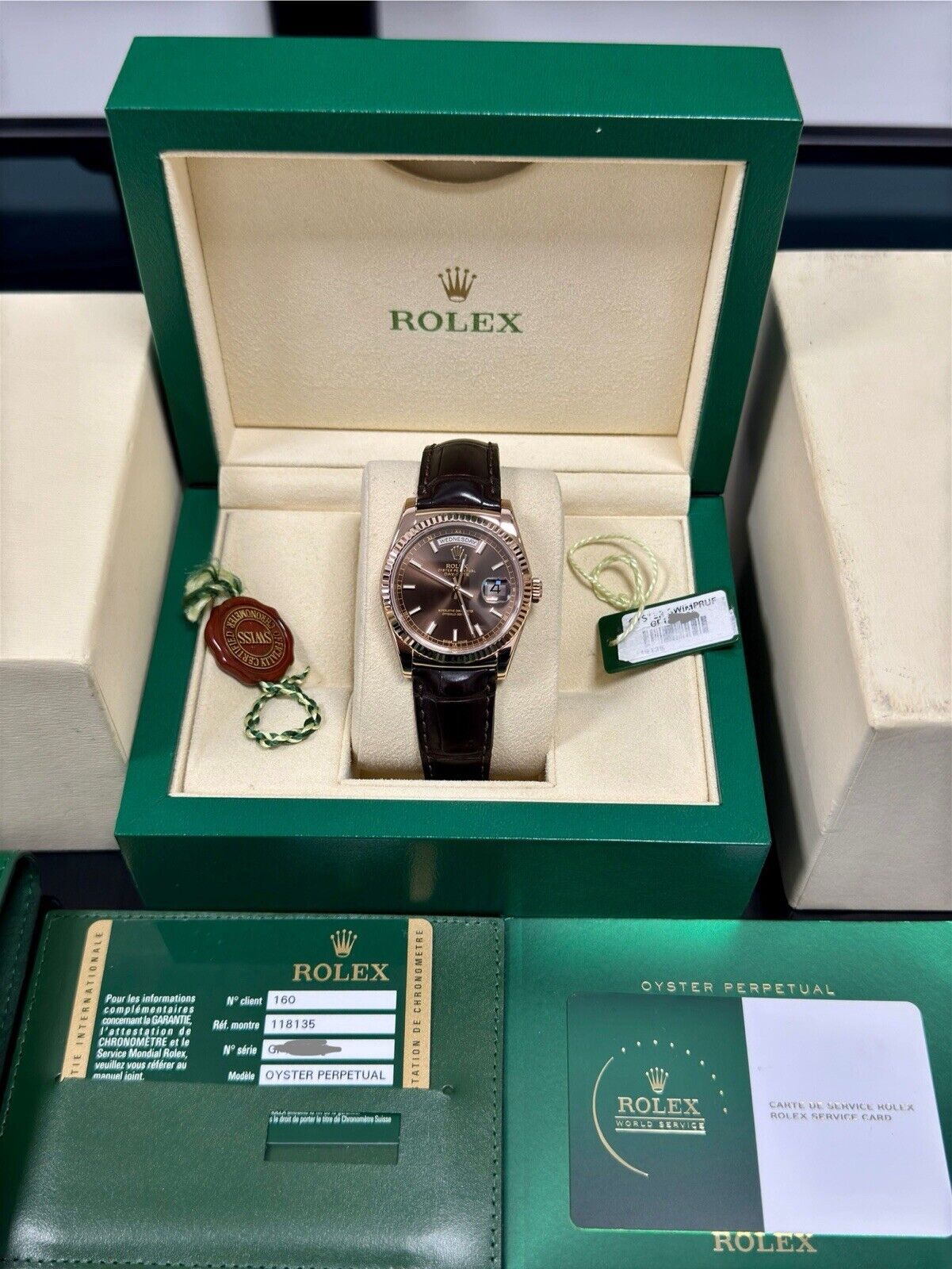 Rolex Day Date 36 Rose Gold Leather Chocolate 118135. 2014 Full Set Serviced