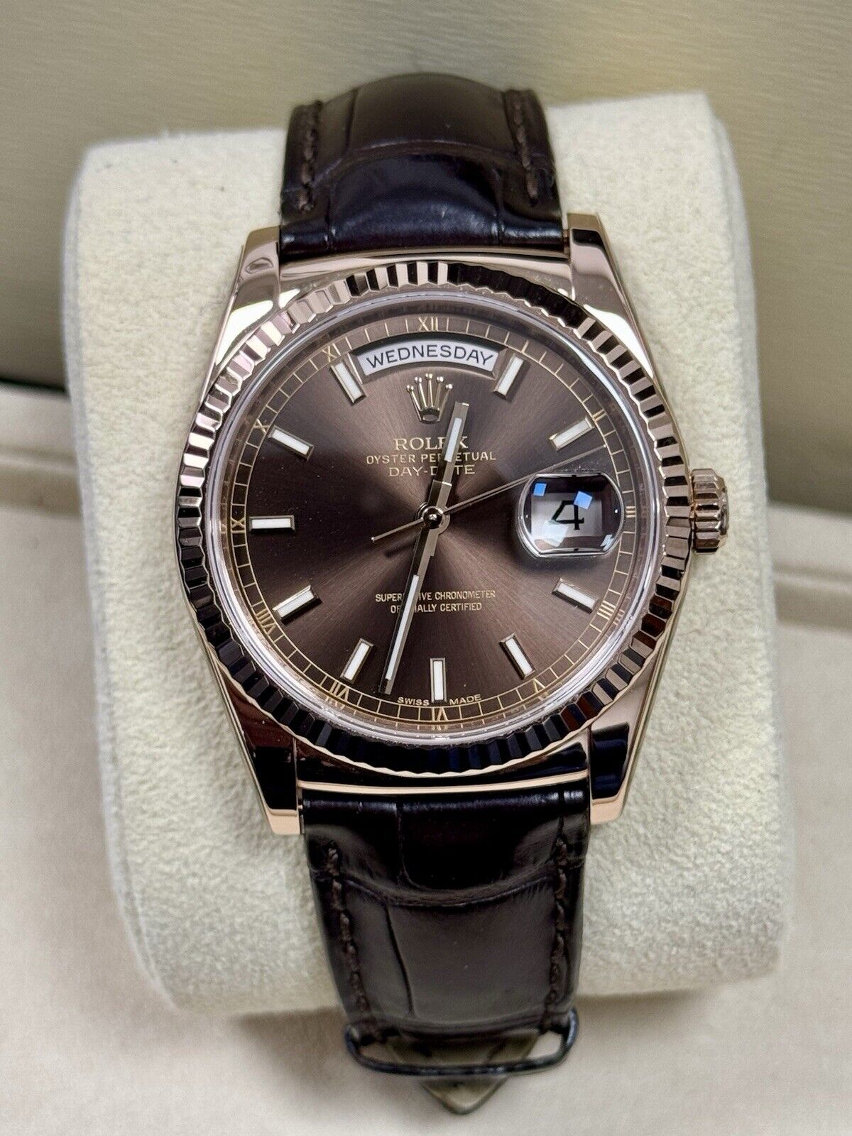 Rolex Day Date 36 Rose Gold Leather Chocolate 118135. 2014 Full Set Serviced