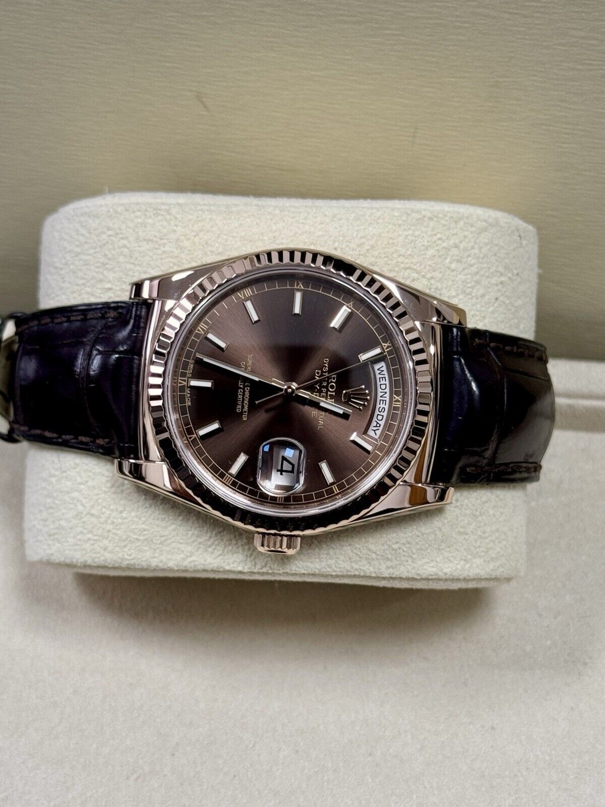 Rolex Day Date 36 Rose Gold Leather Chocolate 118135. 2014 Full Set Serviced