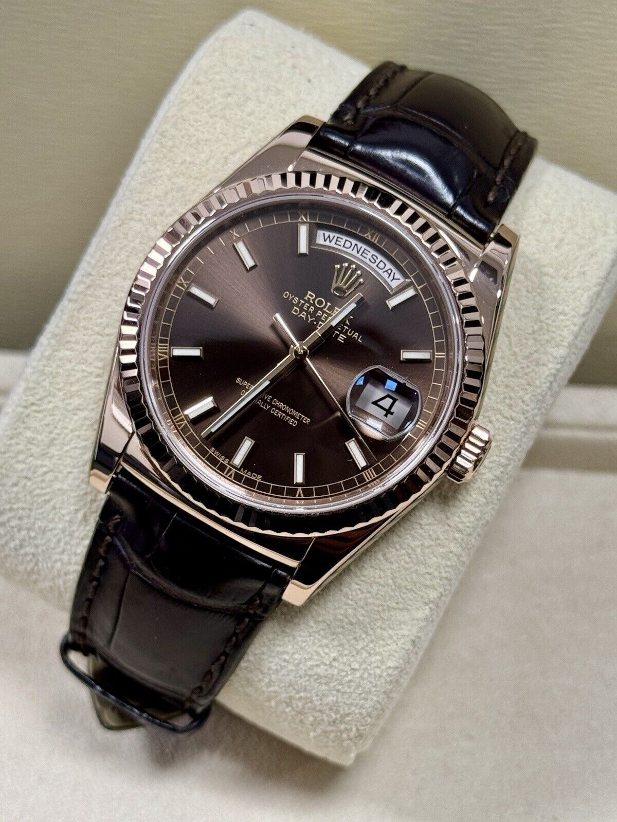 Rolex Day Date 36 Rose Gold Leather Chocolate 118135. 2014 Full Set Serviced