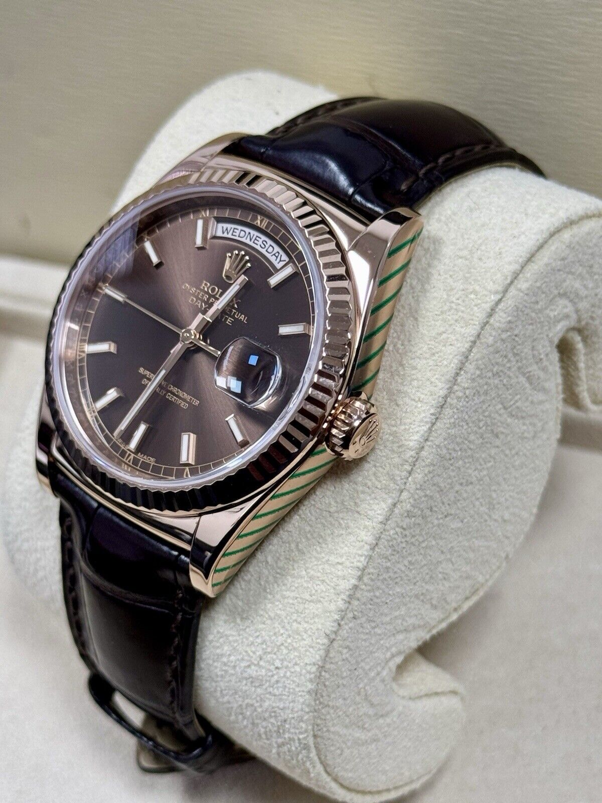 Rolex Day Date 36 Rose Gold Leather Chocolate 118135. 2014 Full Set Serviced