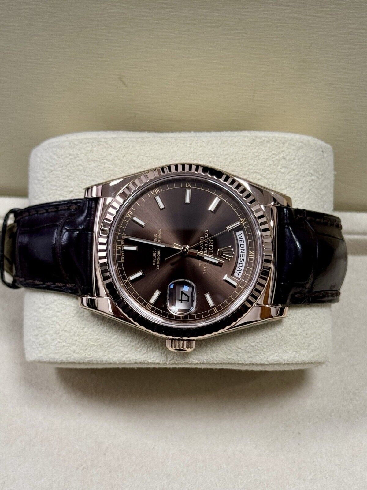 Rolex Day Date 36 Rose Gold Leather Chocolate 118135. 2014 Full Set Serviced