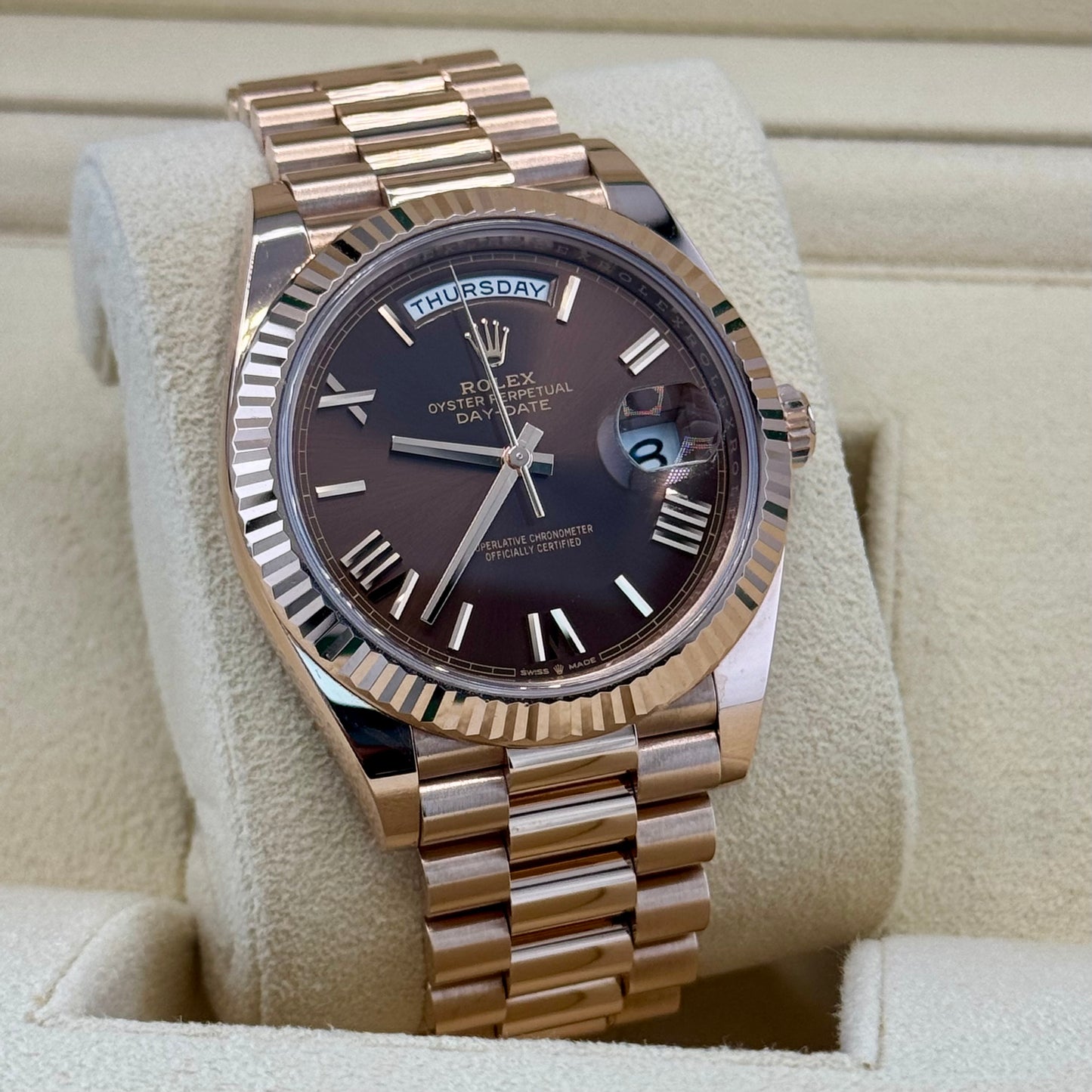 Rolex Day Date 40 Rose Gold Chocolate Roman. 2023 Full Set