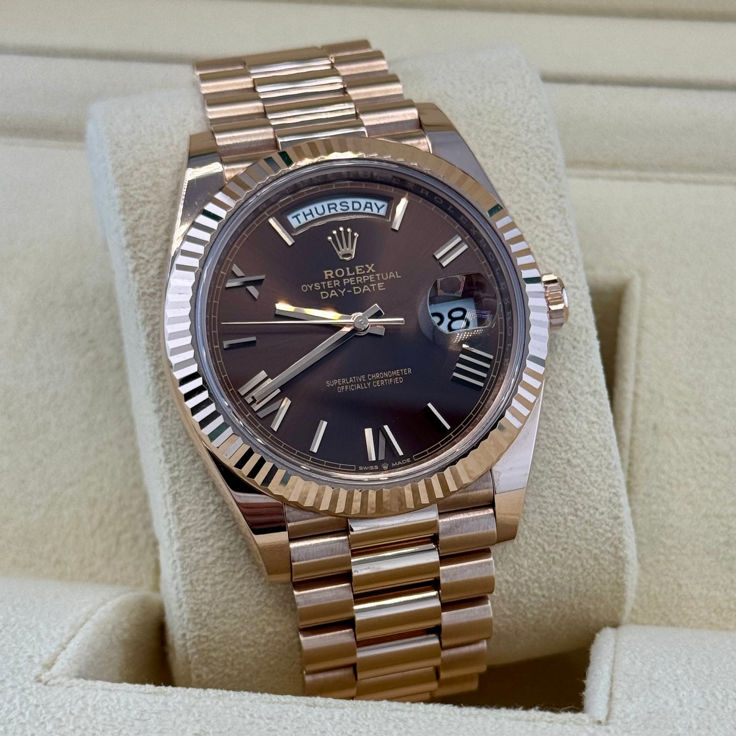 Rolex Day Date 40 Rose Gold Chocolate Roman. 2023 Full Set