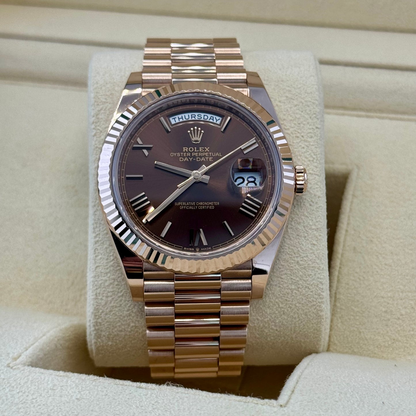 Rolex Day Date 40 Rose Gold Chocolate Roman. 2023 Full Set