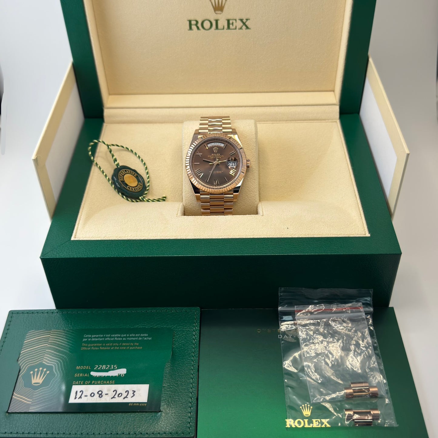 Rolex Day Date 40 Rose Gold Chocolate Roman. 2023 Full Set