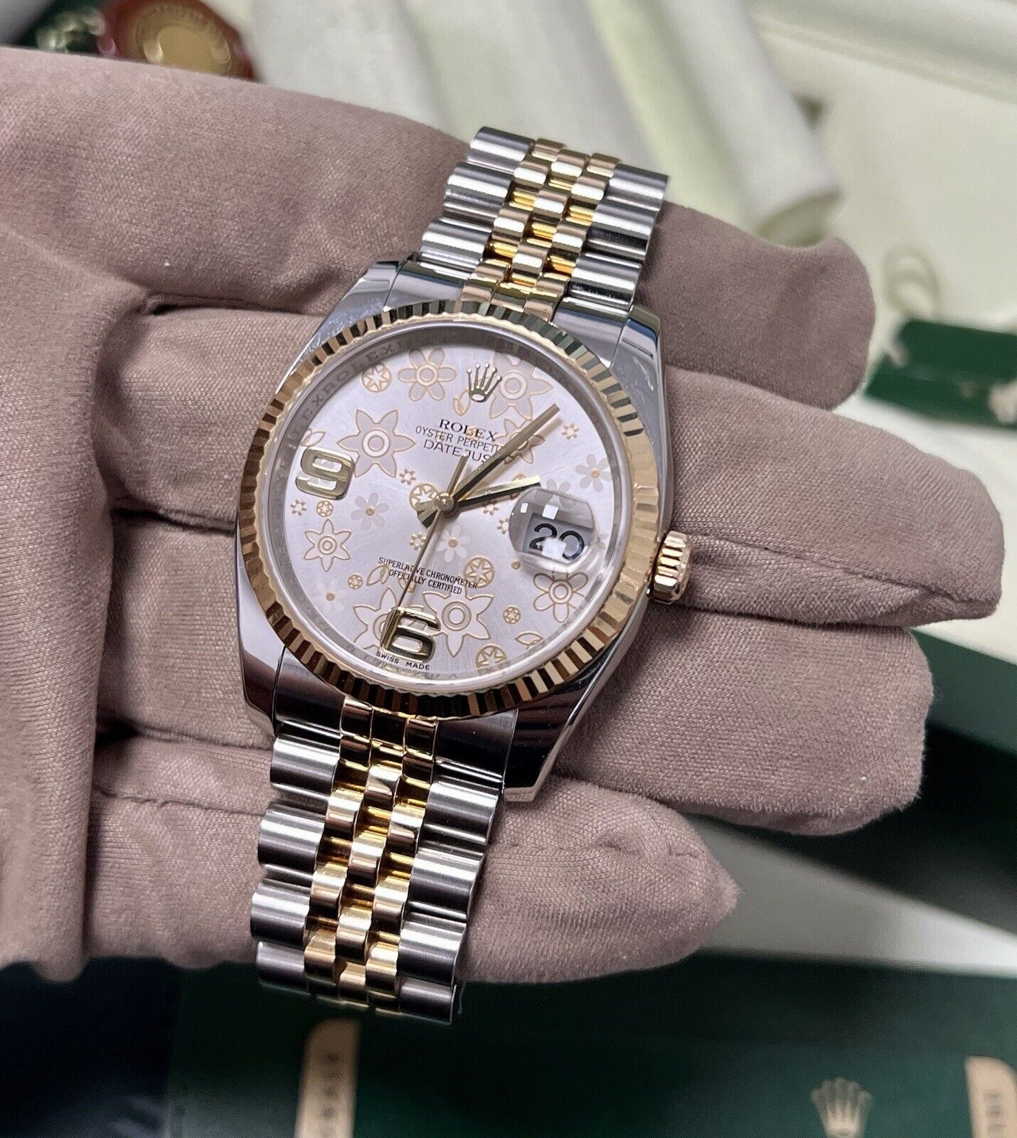 Rolex Datejust 36 Steel + Yellow Gold. 116233. Floral Dial. 2014 Box Papers