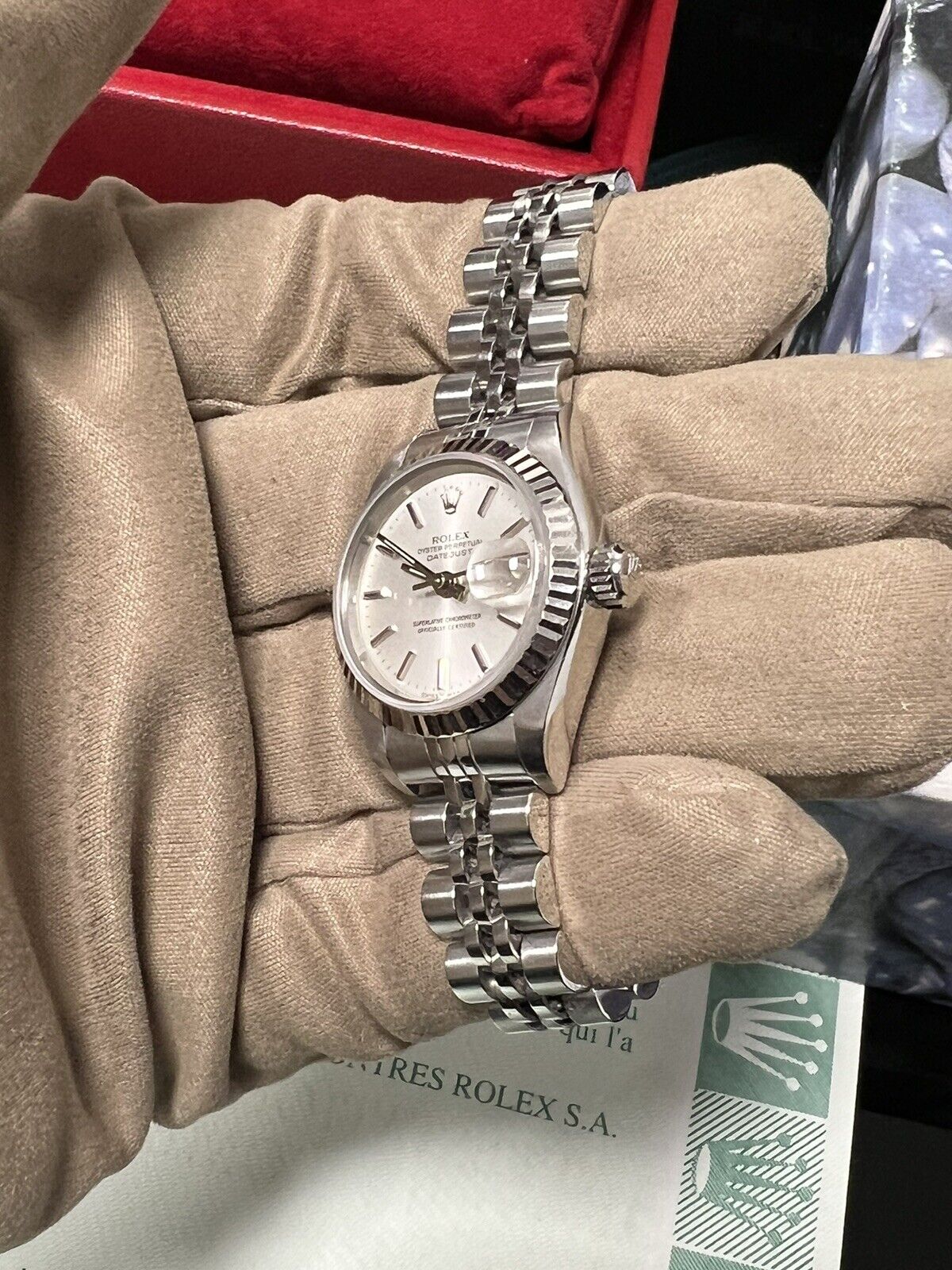 Rolex Ladies Datejust 79174 Watch. Steel / White Gold Bezel 26mm, Box Papers