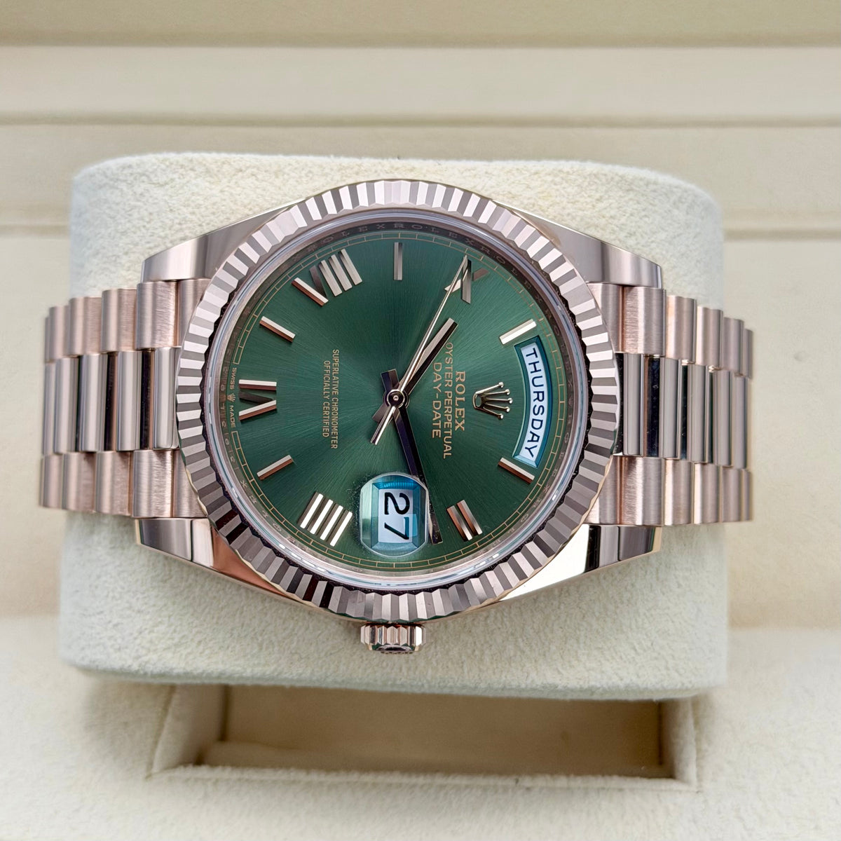 Rolex Day-Date 40 Rose Gold 228235 Olive Dial. 2023 Full Set Immaculate