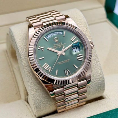 Rolex Day-Date 40 Rose Gold 228235 Olive Dial. 2023 Full Set Immaculate