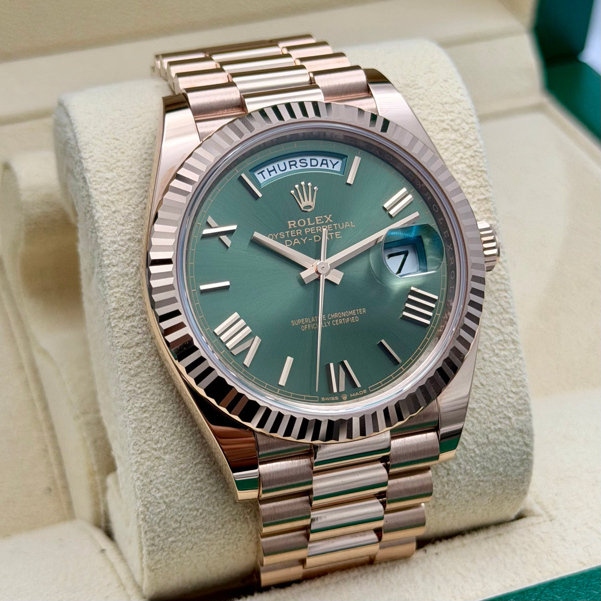 Rolex Day-Date 40 Rose Gold 228235 Olive Dial. 2023 Full Set Immaculate