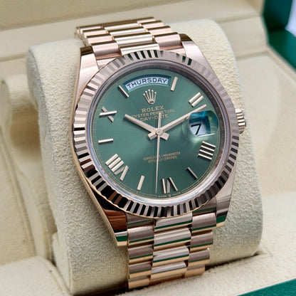 Rolex Day-Date 40 Rose Gold 228235 Olive Dial. 2023 Full Set Immaculate