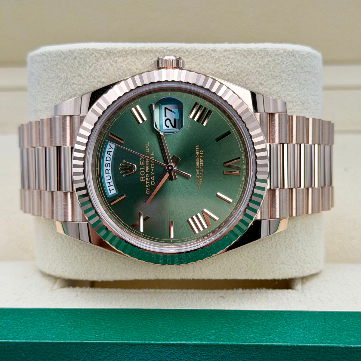 Rolex Day-Date 40 Rose Gold 228235 Olive Dial. 2023 Full Set Immaculate