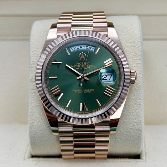 Rolex Day-Date 40 Rose Gold 228235 Olive Dial. 2023 Full Set Immaculate