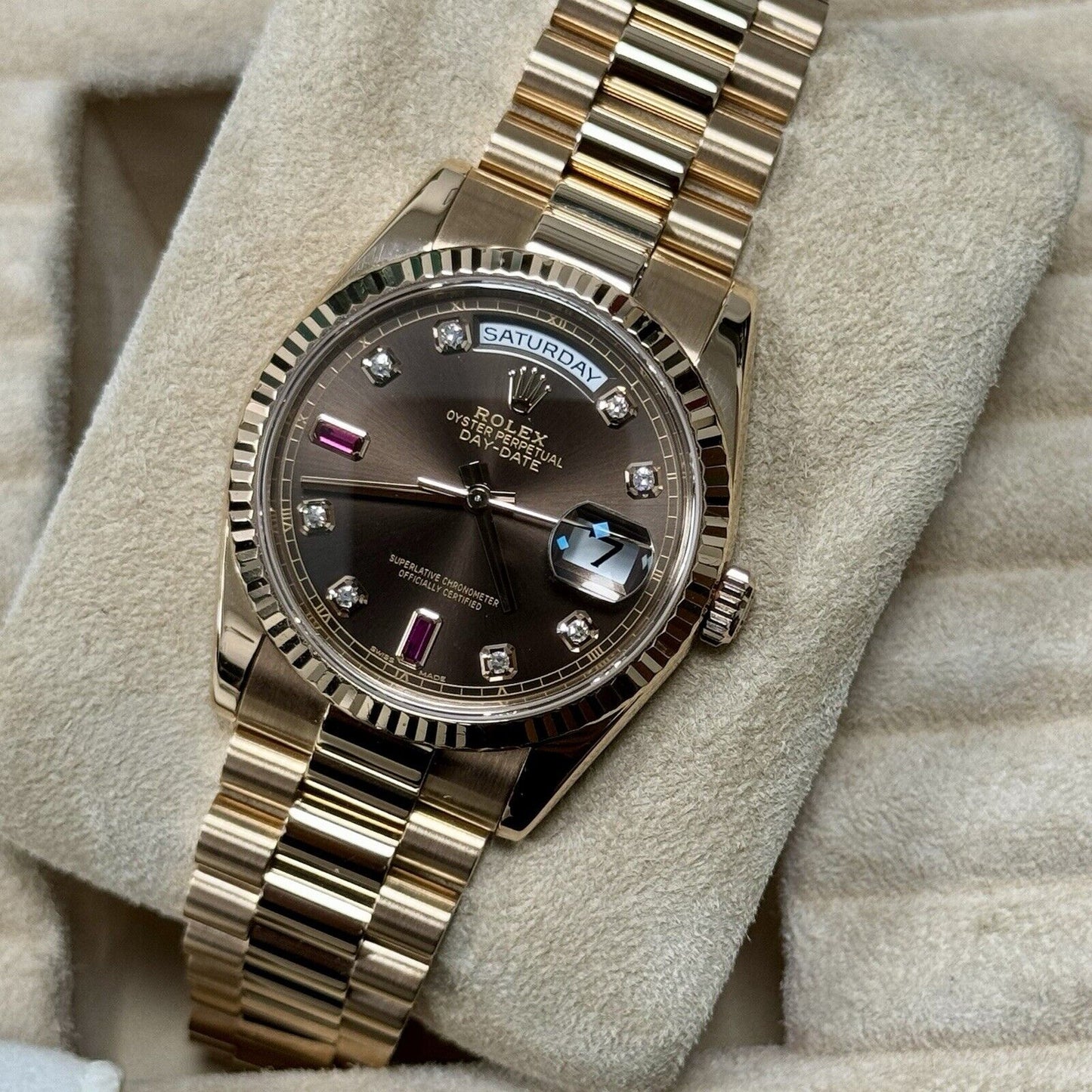 Rolex Day Date 36 118235 Rose Gold Chocolate Ruby Diamond Dial. 2001 Full Set