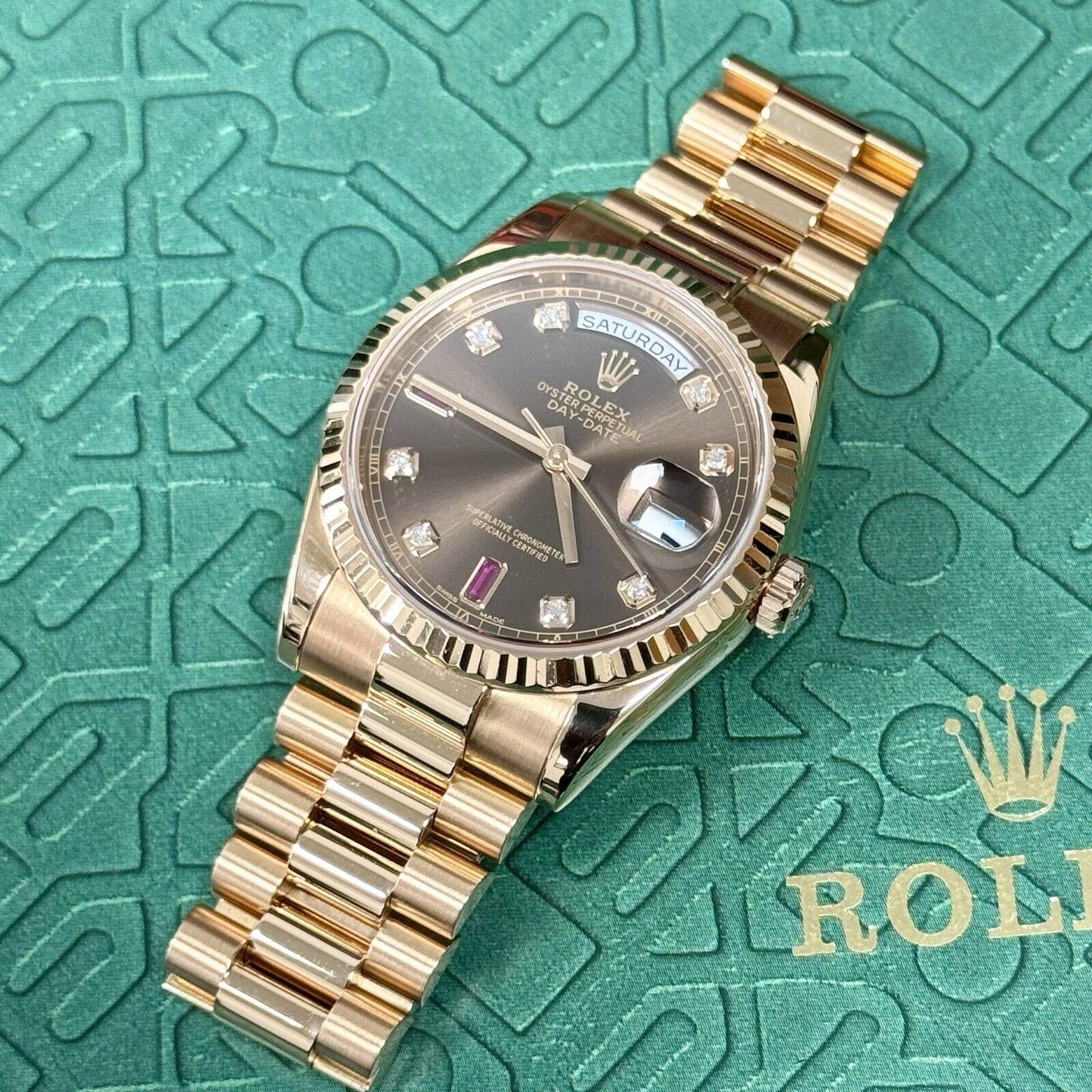 Rolex Day Date 36 118235 Rose Gold Chocolate Ruby Diamond Dial. 2001 Full Set