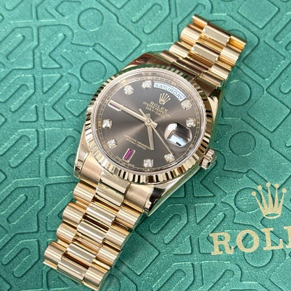 Rolex Day Date 36 118235 Rose Gold Chocolate Ruby Diamond Dial. 2001 Full Set