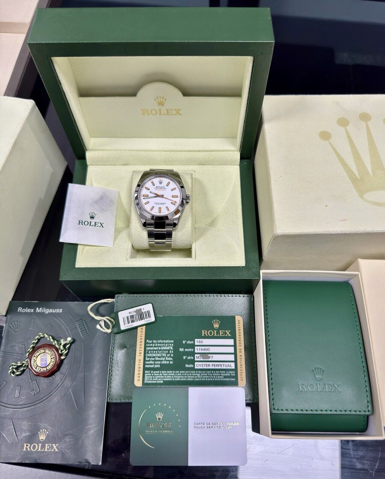 Rolex Milgauss White Dial 116400. 2008 Full Set. Rolex Service 2024 Stickers