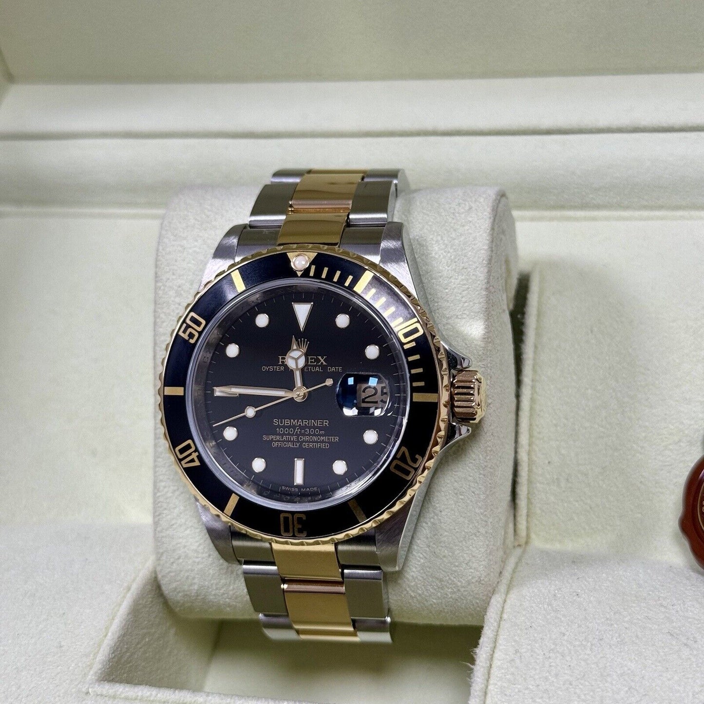 Rolex Submariner 16613LN Steel + Gold. 2007 Full Set Box Papers, Engraved Rehaut