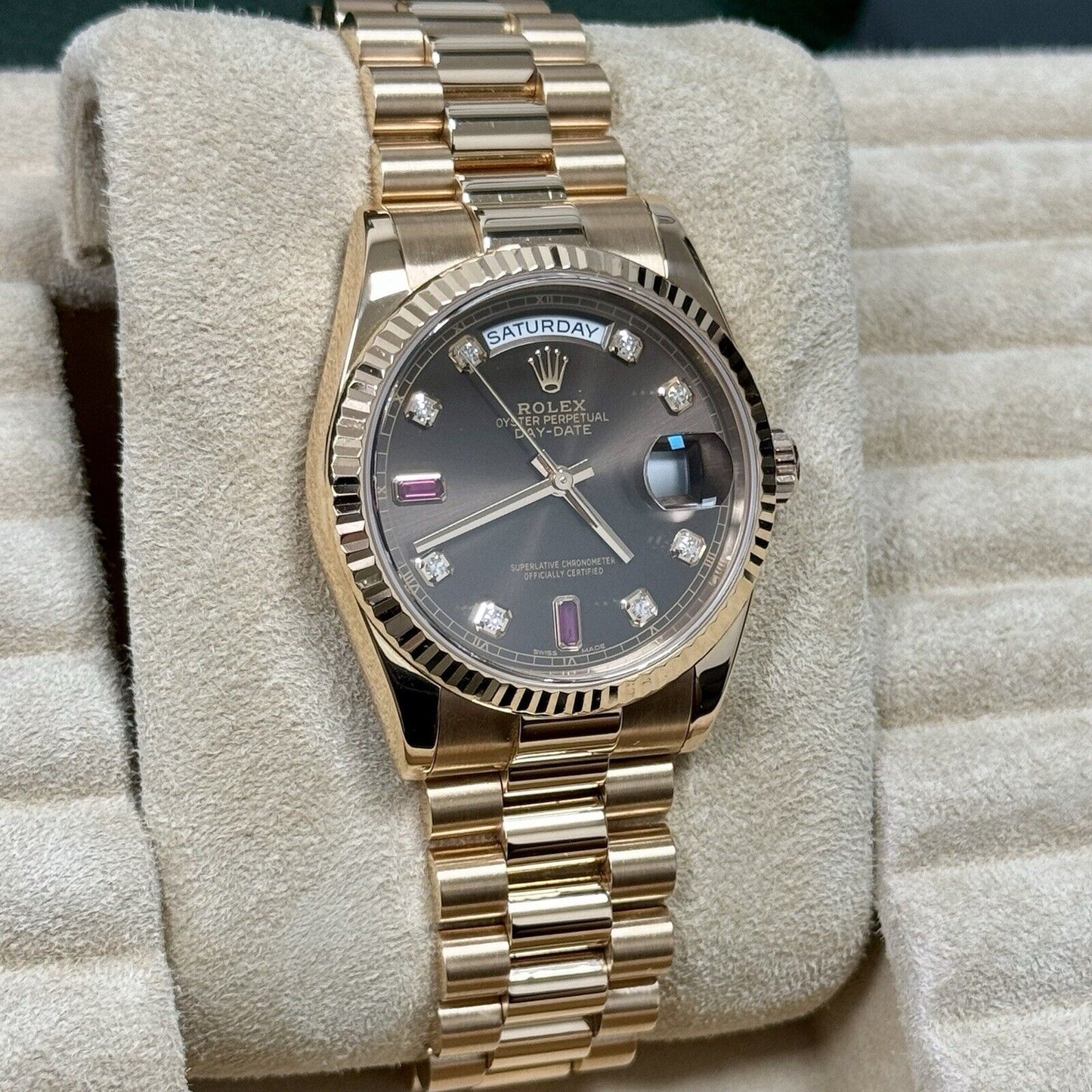 Rolex Day Date 36 118235 Rose Gold Chocolate Ruby Diamond Dial. 2001 Full Set