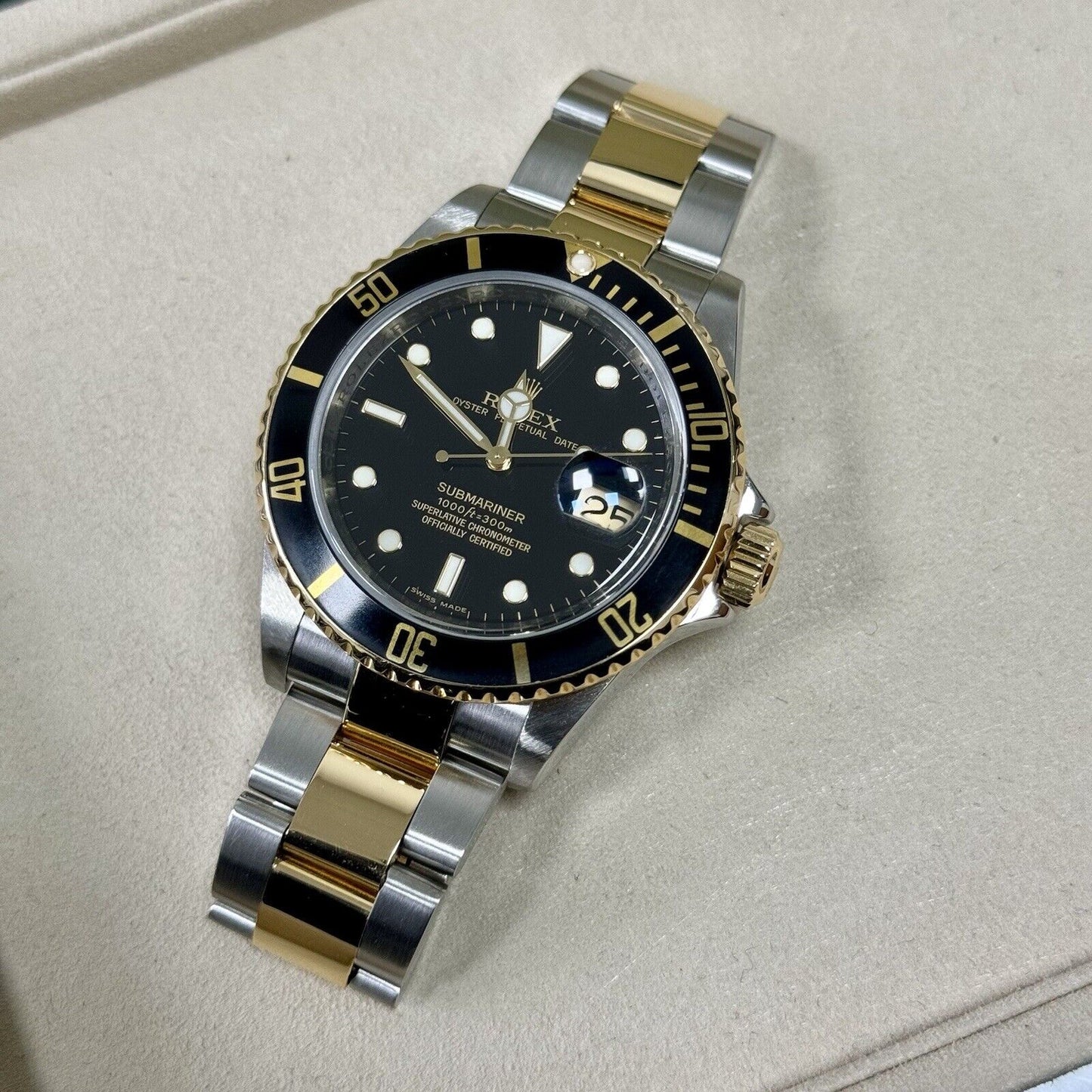 Rolex Submariner 16613LN Steel + Gold. 2007 Full Set Box Papers, Engraved Rehaut