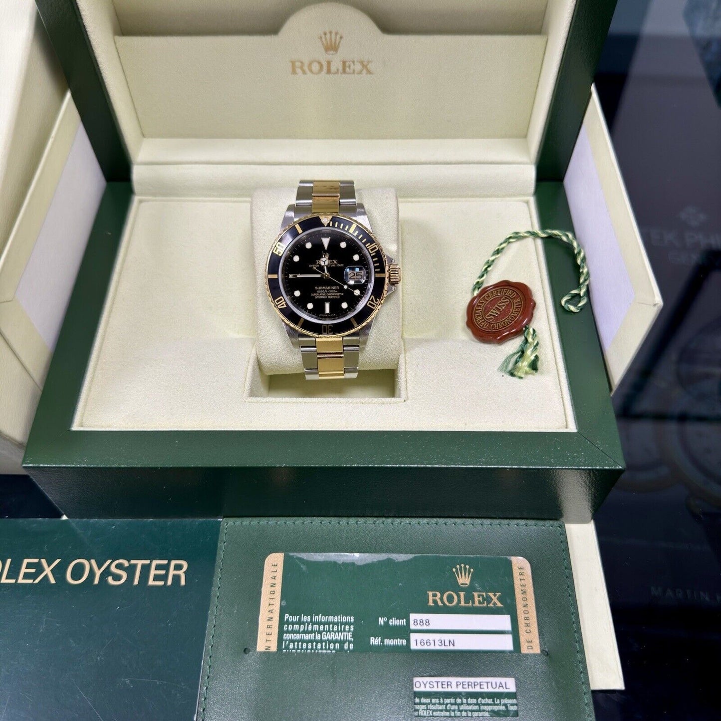 Rolex Submariner 16613LN Steel + Gold. 2007 Full Set Box Papers, Engraved Rehaut