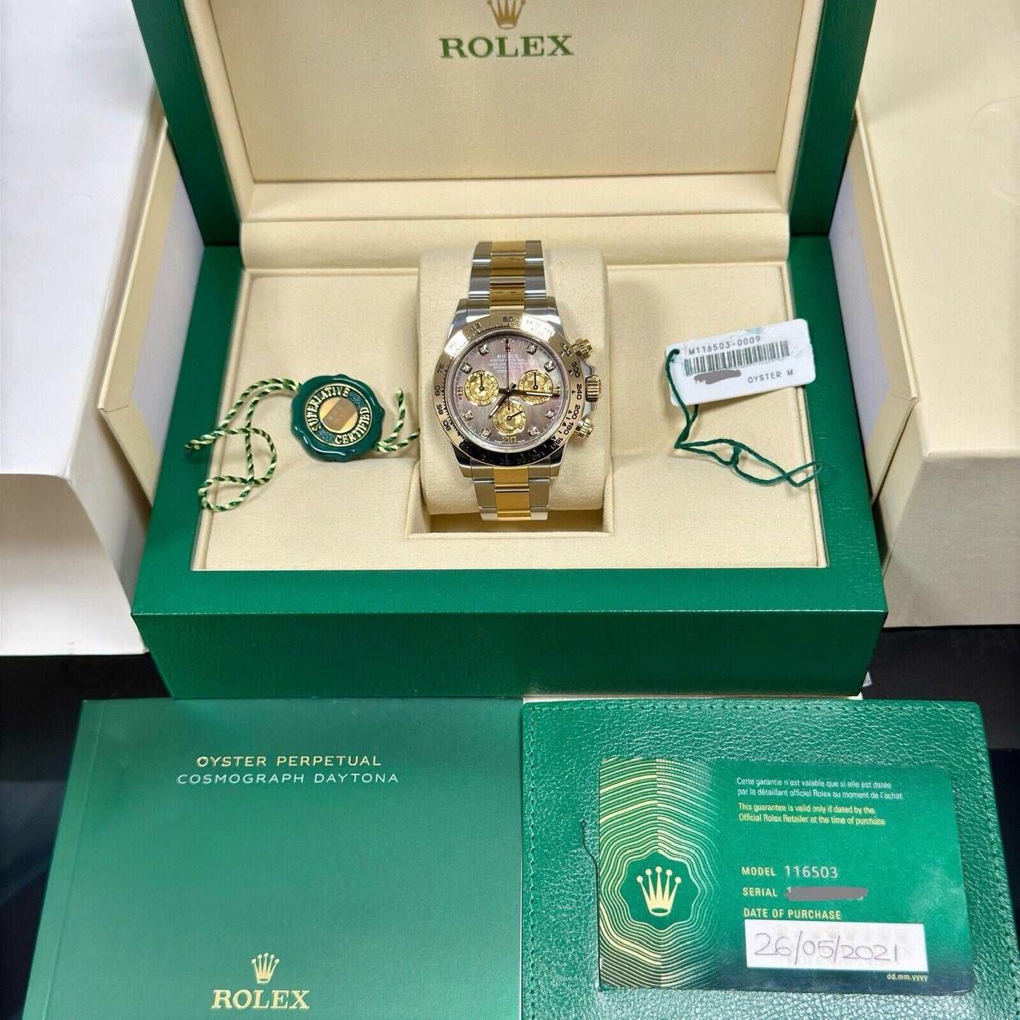 Rolex Cosmograph Daytona 116503 Tahitian Black MOP Dial. 2021 Full Set Box Paper