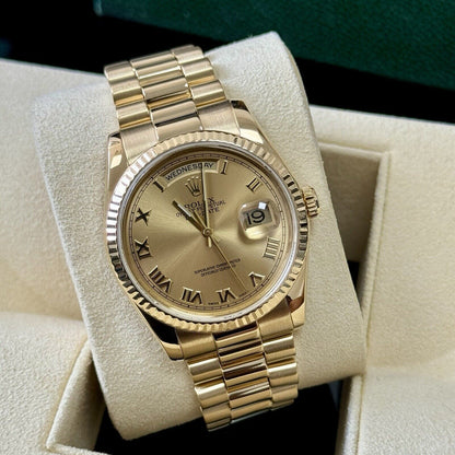 Rolex Day Date 118238 36mm 18ct Yellow Gold. 2002 Roman Champagne Box + Papers