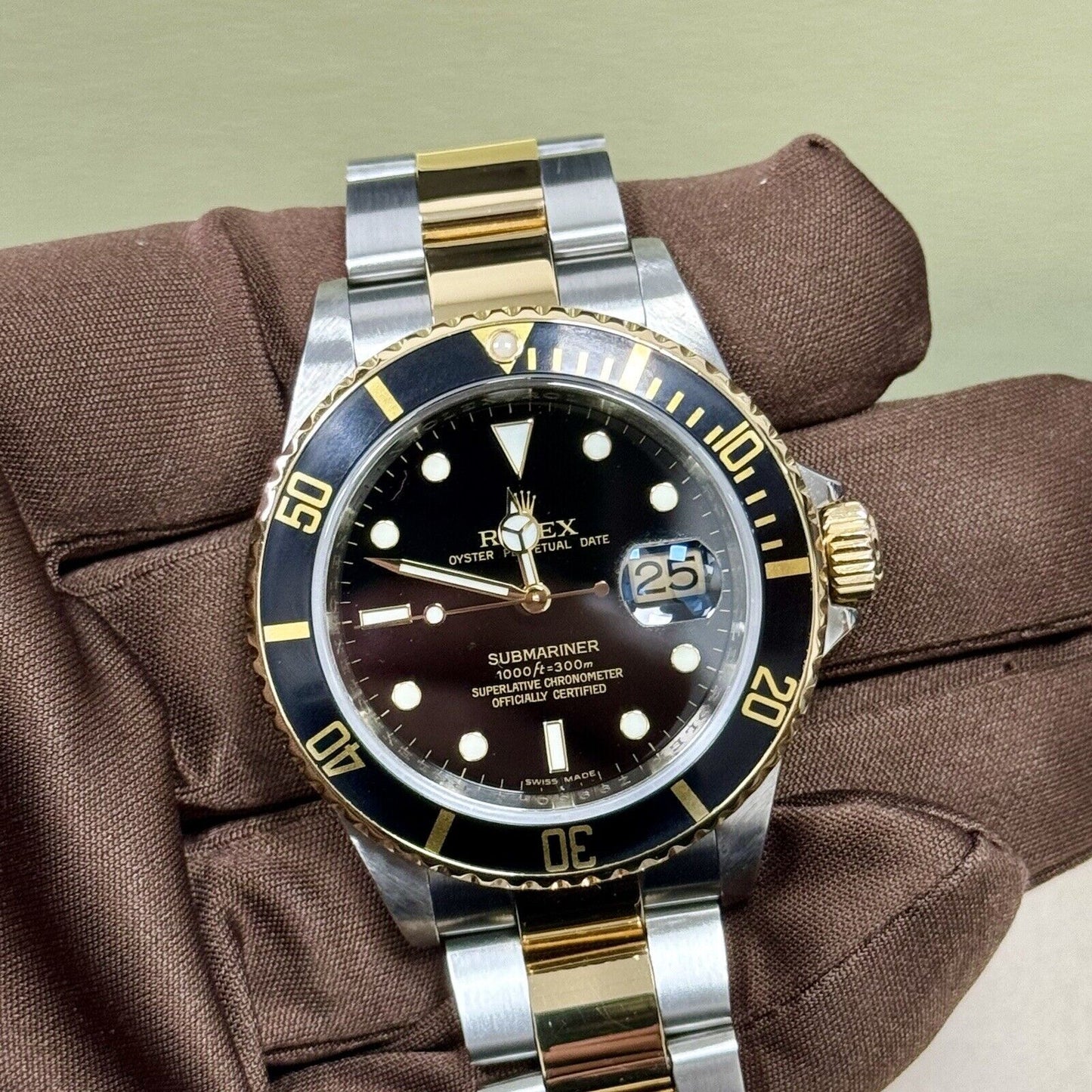 Rolex Submariner 16613LN Steel + Gold. 2007 Full Set Box Papers, Engraved Rehaut