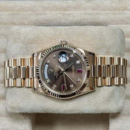 Rolex Day Date 36 118235 Rose Gold Chocolate Ruby Diamond Dial. 2001 Full Set