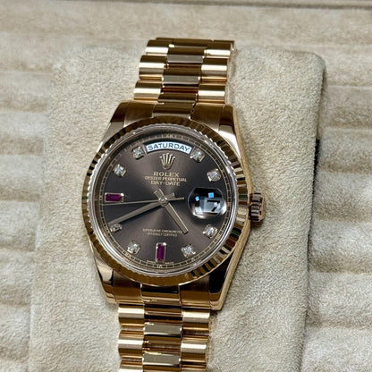 Rolex Day Date 36 118235 Rose Gold Chocolate Ruby Diamond Dial. 2001 Full Set