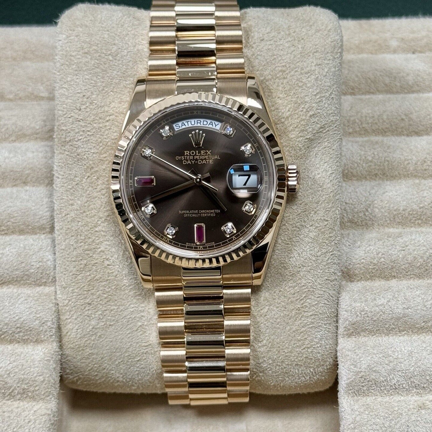 Rolex Day Date 36 118235 Rose Chocolate Ruby Diamond Dial