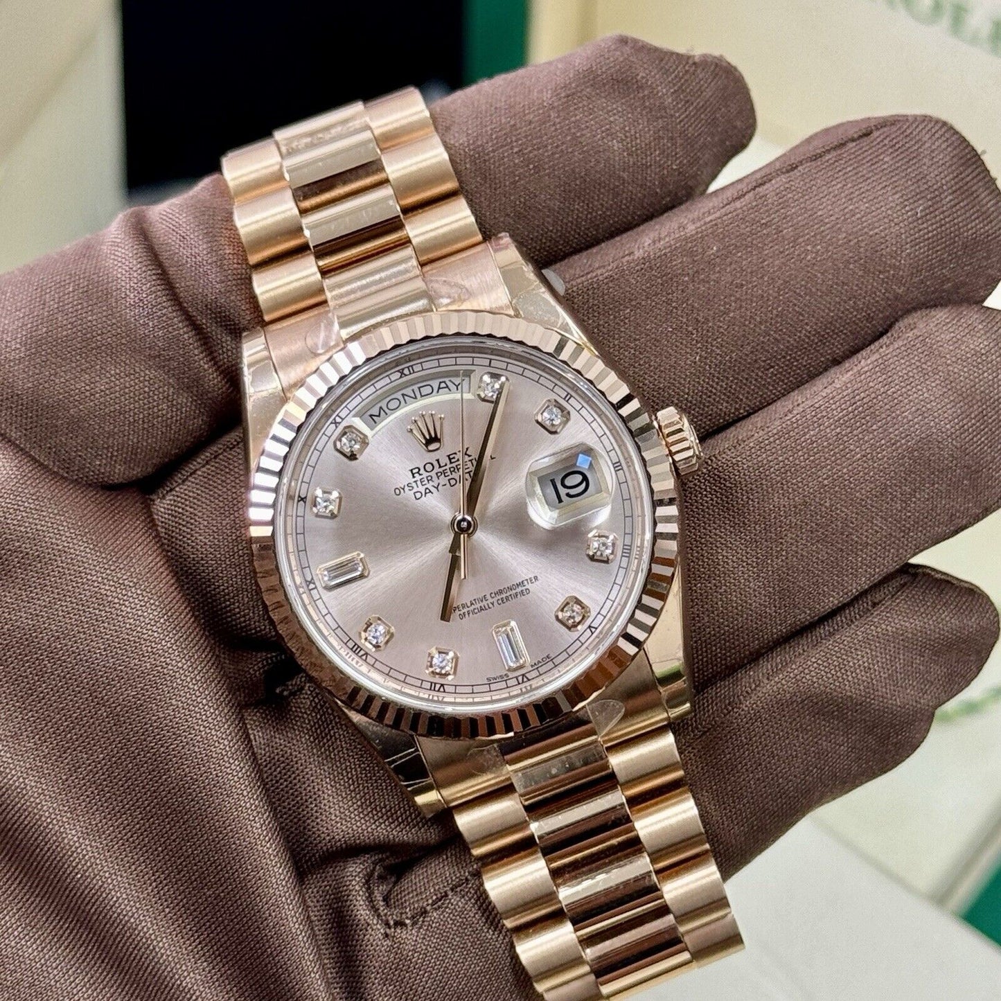 Rolex Day Date 36 Rose Gold. 118235 Diamond Dial. 2018 Full Stickers Box Papers