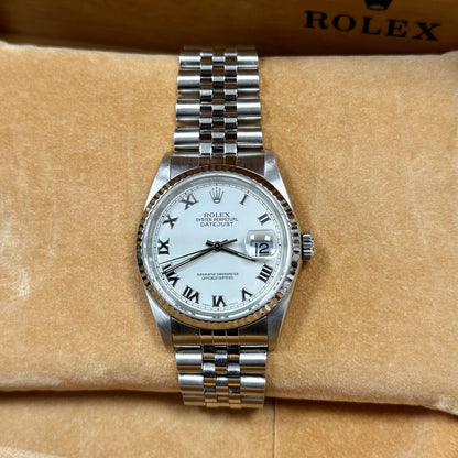 Rolex Datejust 36 16234 Steel. White Roman Dial. 2004 Y Serial Box + Papers