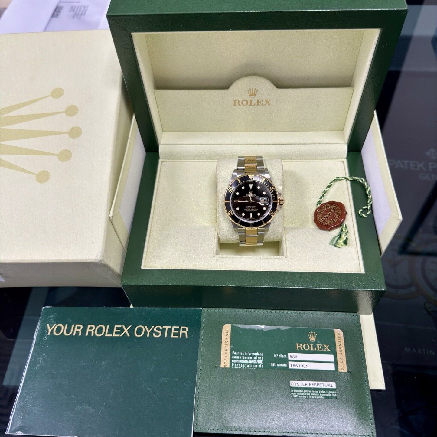 Rolex Submariner 16613LN Steel + Gold. 2007 Full Set Box Papers, Engraved Rehaut