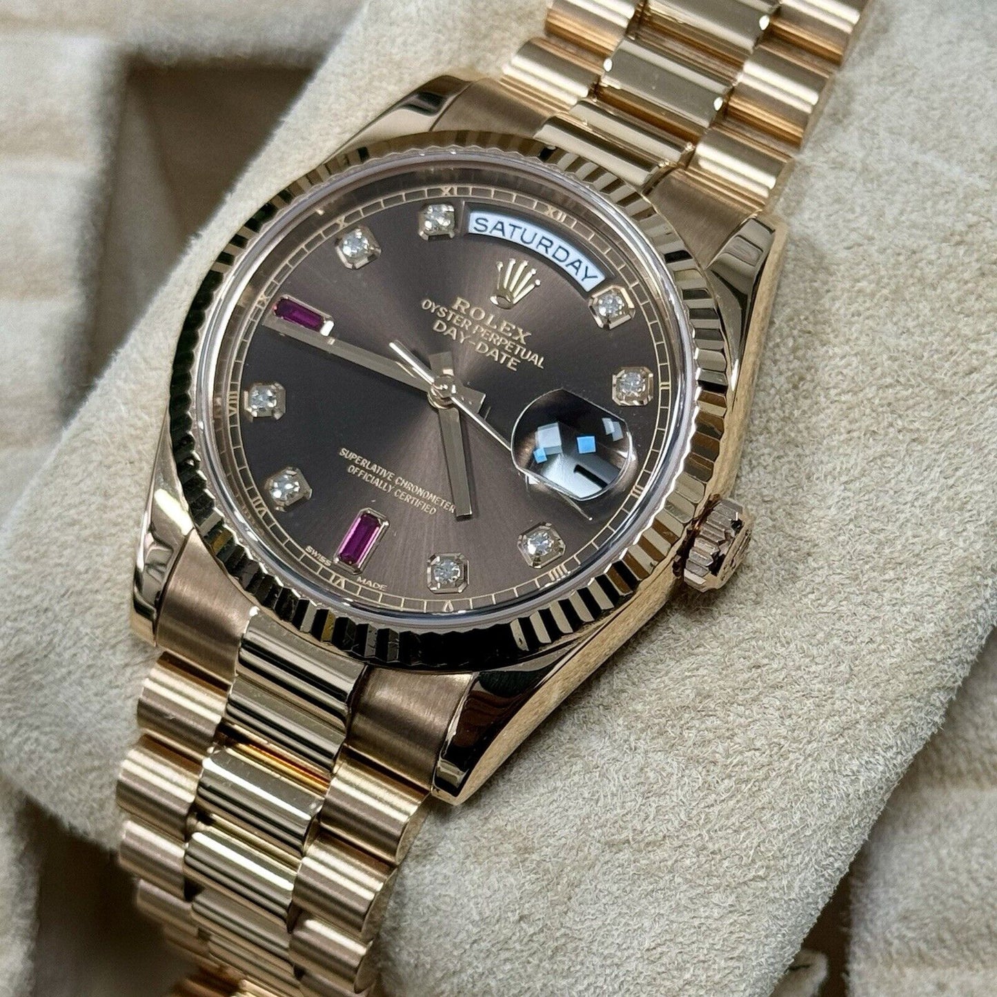 Rolex Day Date 36 118235 Rose Chocolate Ruby Diamond Dial