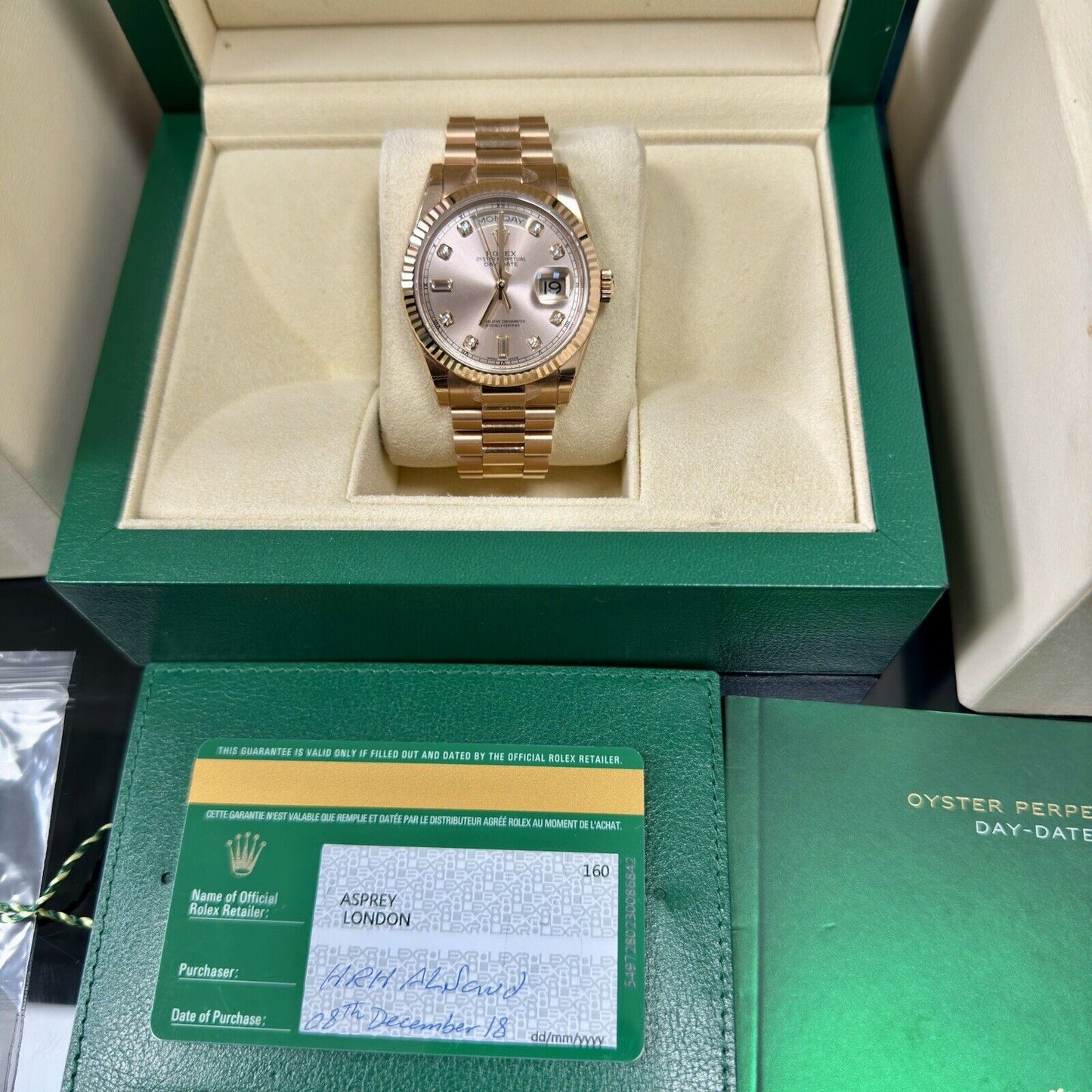 Rolex Day Date 36 Rose Gold. 118235 Diamond Dial. 2018 Full Stickers Box Papers