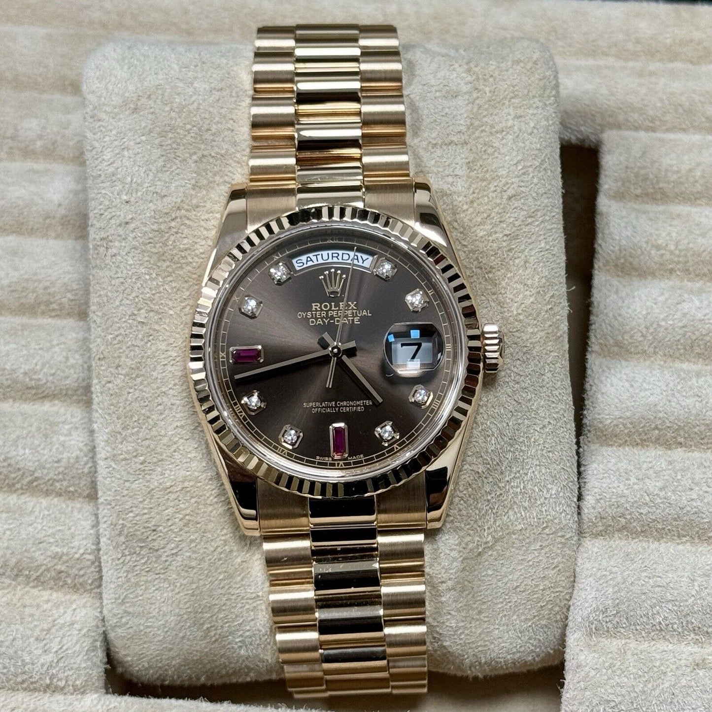 Rolex Day Date 36 118235 Rose Gold Chocolate Ruby Diamond Dial. 2001 Full Set