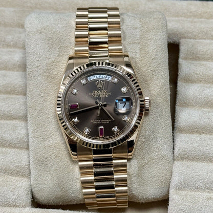 Rolex Day Date 36 118235 Rose Gold Chocolate Ruby Diamond Dial. 2001 Full Set