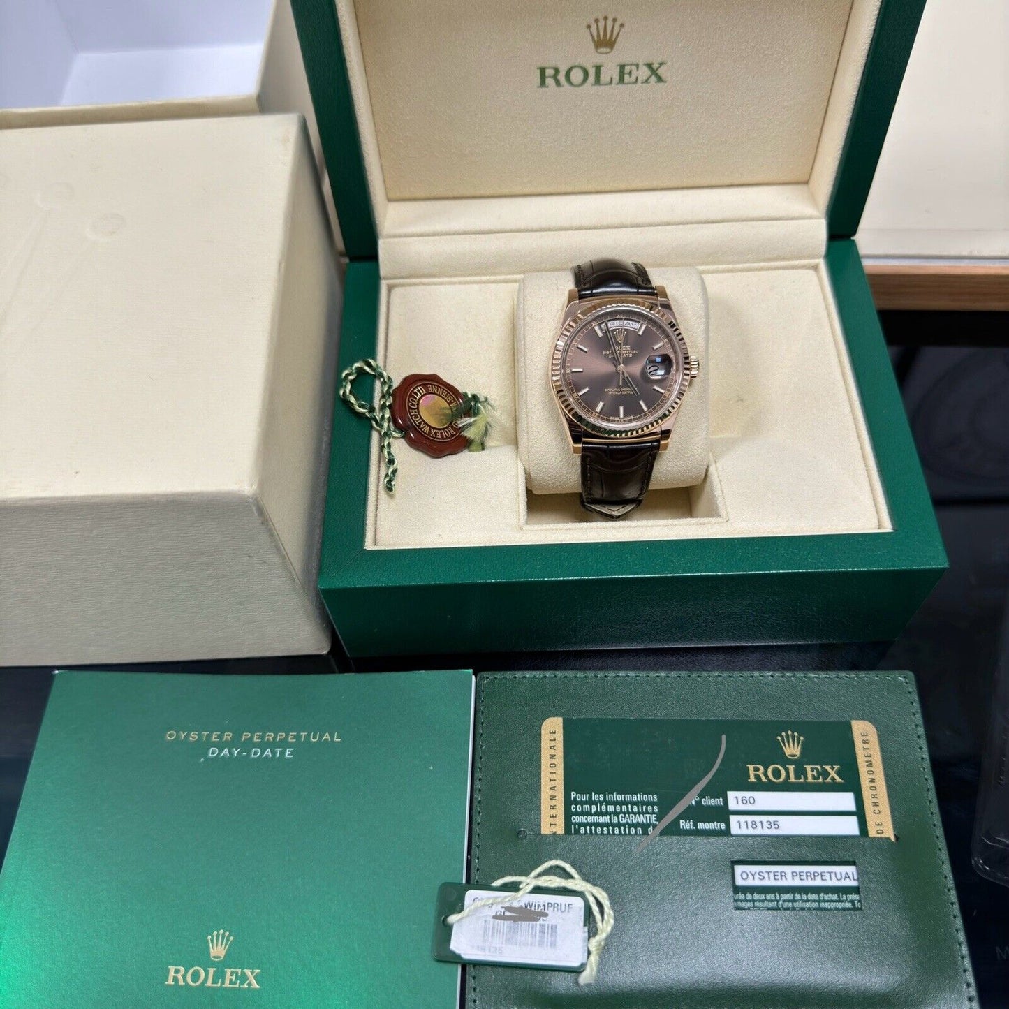 Rolex Day Date 36 Chocolate Dial 118135. Leather Strap. 2014 Full Set Box Papers