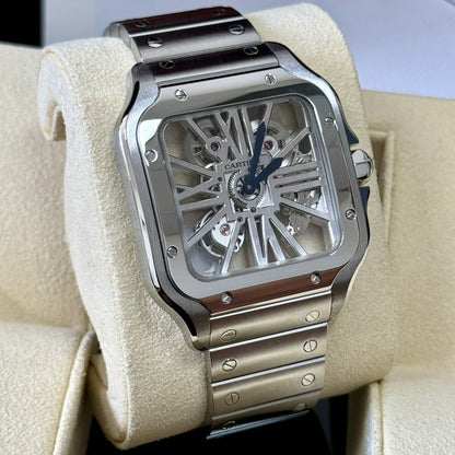 Cartier Santos De Cartier Skeleton Watch WHSA0015. 2021 Immaculate Full Set.