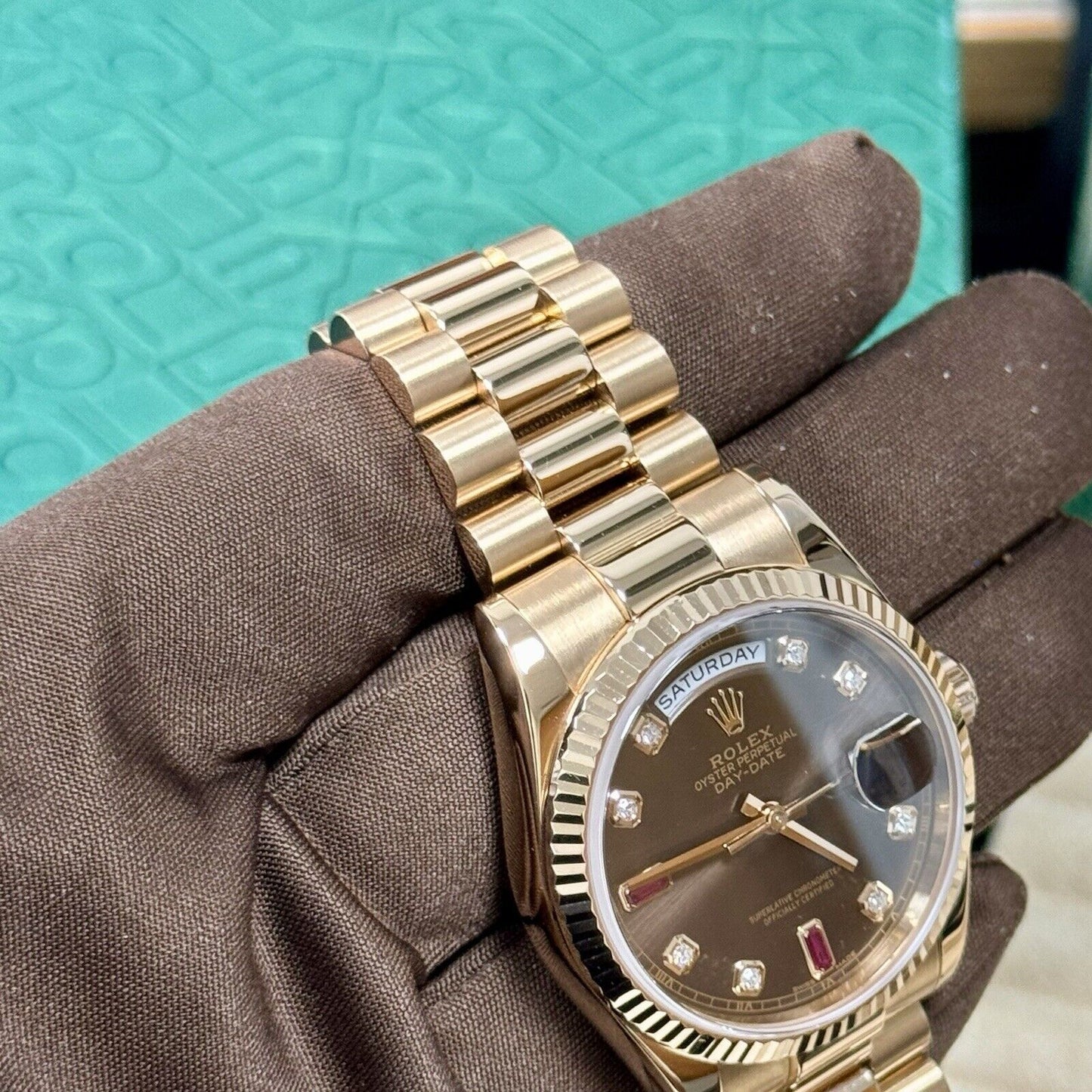 Rolex Day Date 36 118235 Rose Gold Chocolate Ruby Diamond Dial. 2001 Full Set